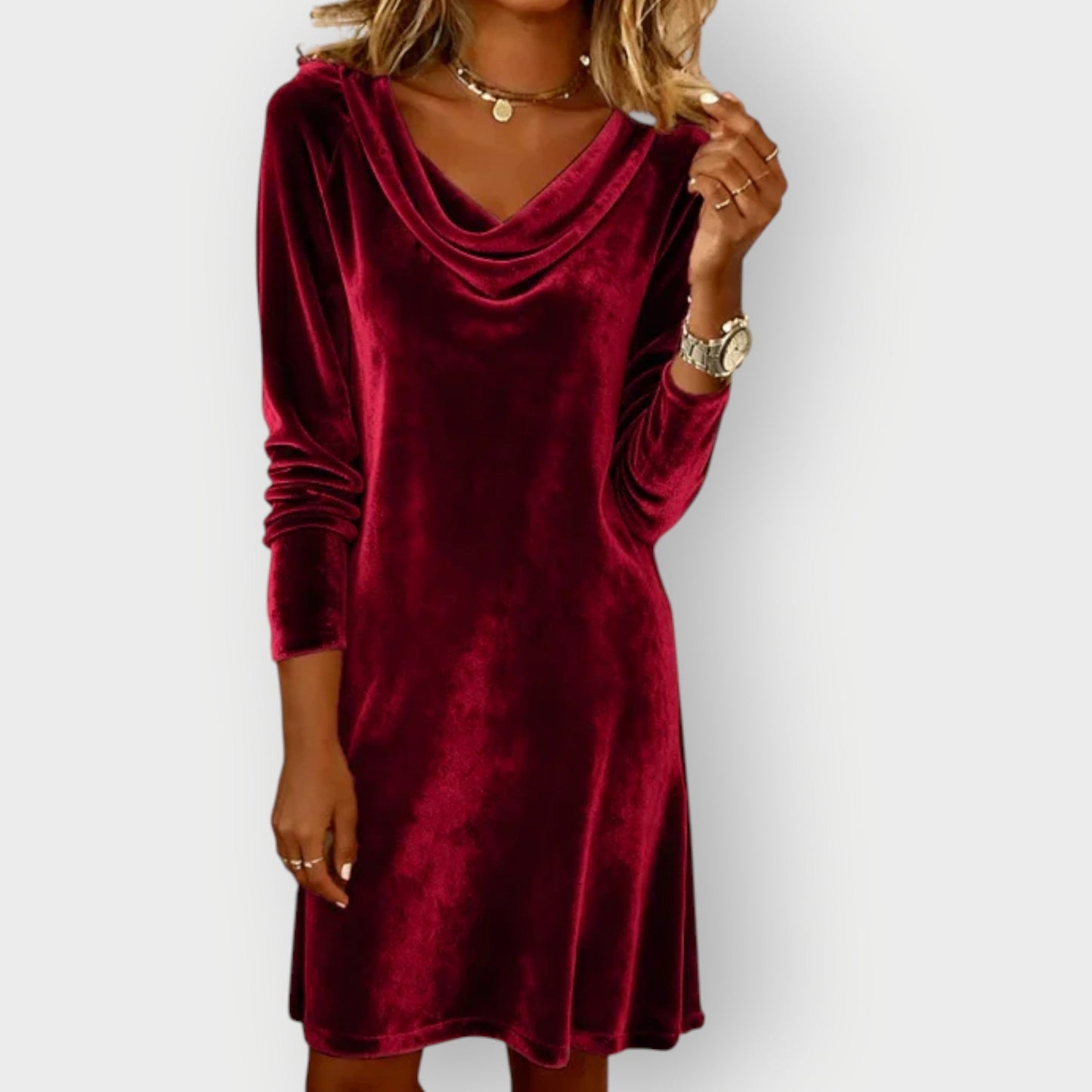 Elegant drape neck velvet evening dress with flowing silhouette for women | Kathleen