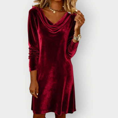 Elegant drape neck velvet evening dress with flowing silhouette for women | Kathleen