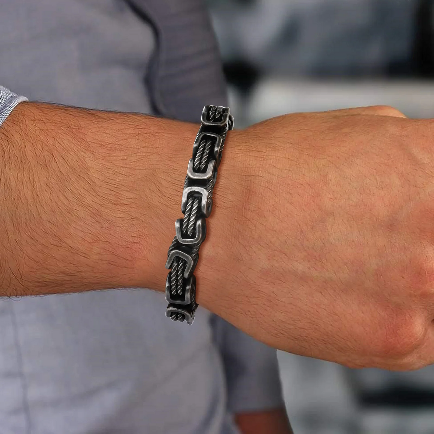Forged chain cuff bracelet with woven link detail for men | Rogue