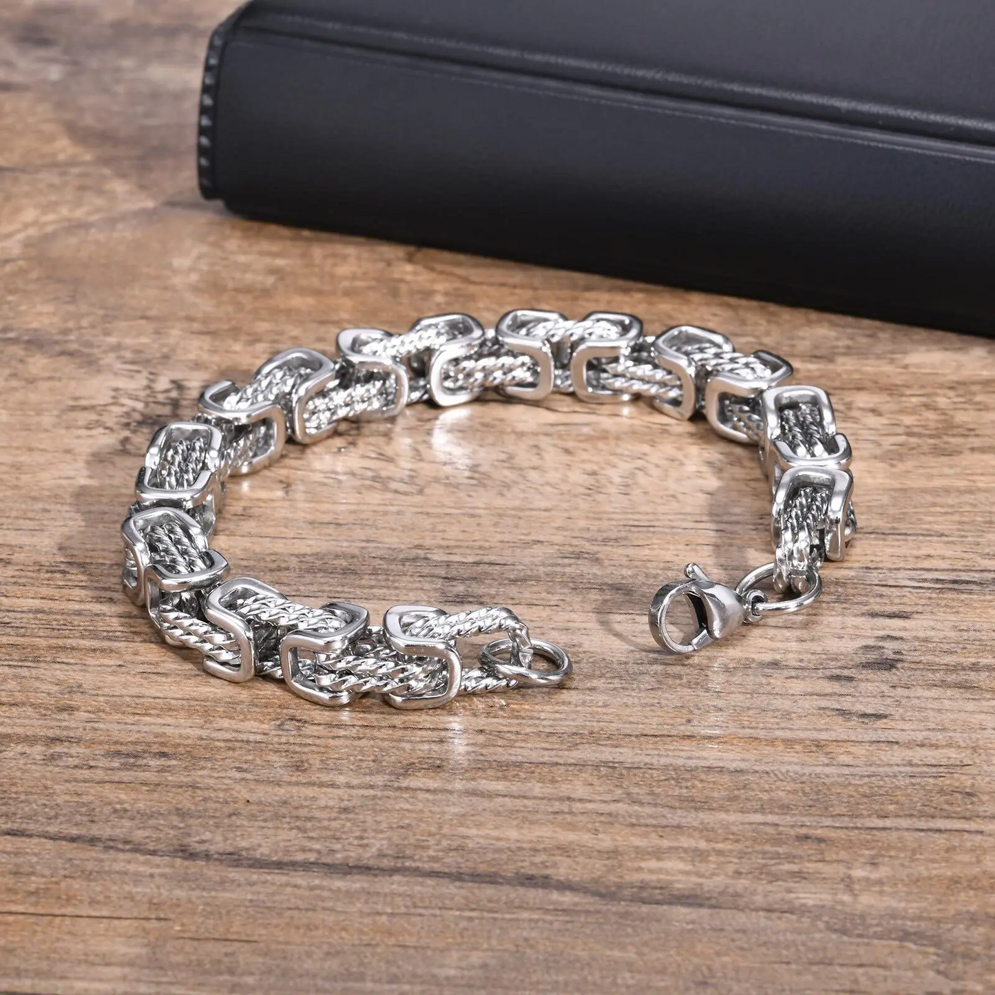 Forged chain cuff bracelet with woven link detail for men | Rogue