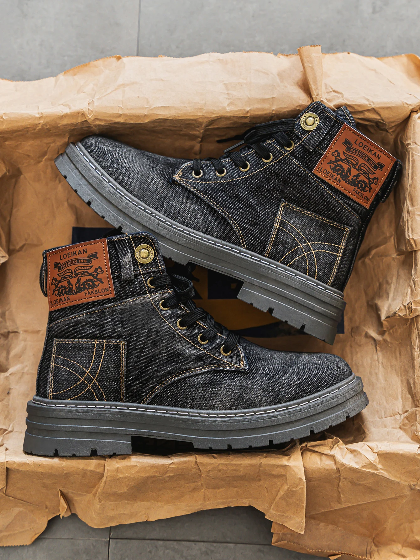 High cut denim boot with chunky grip sole design for men | Wilford