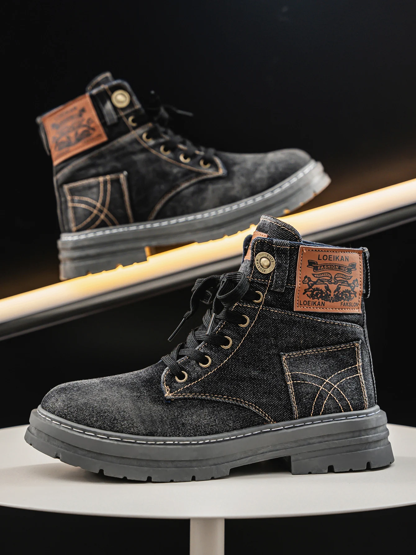 High cut denim boot with chunky grip sole design for men | Wilford