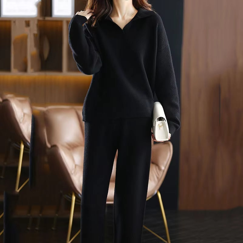 Relaxed two piece lounge set with polished collar detail for women | Clairmont