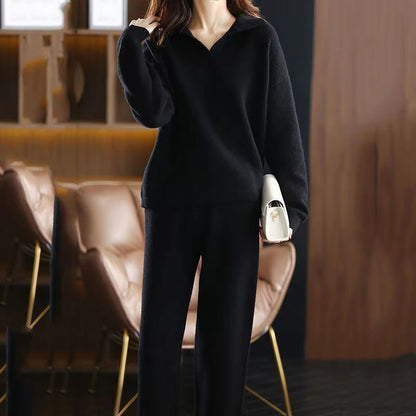 Relaxed two piece lounge set with polished collar detail for women | Clairmont