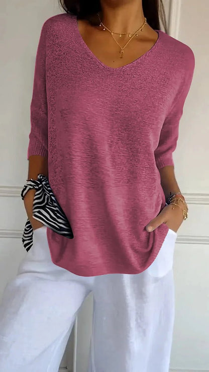 V-neck lightweight knit top with three-quarter sleeves for women | Maren