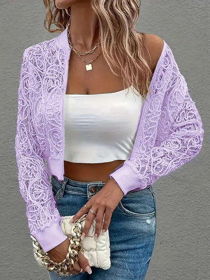 Cropped lace embroidered bomber jacket with ribbed trim for women | Elowen