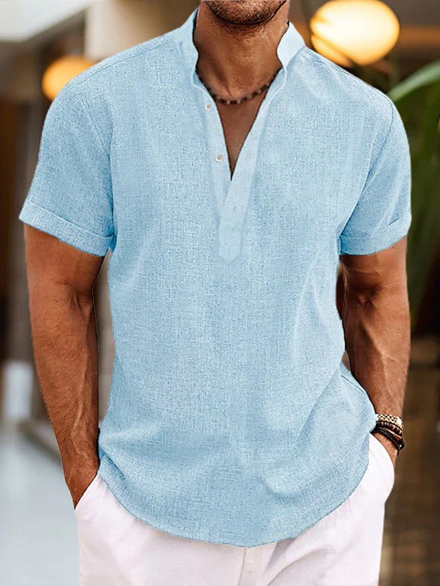 Breathable short-sleeve linen Henley shirt for men | Silas -3