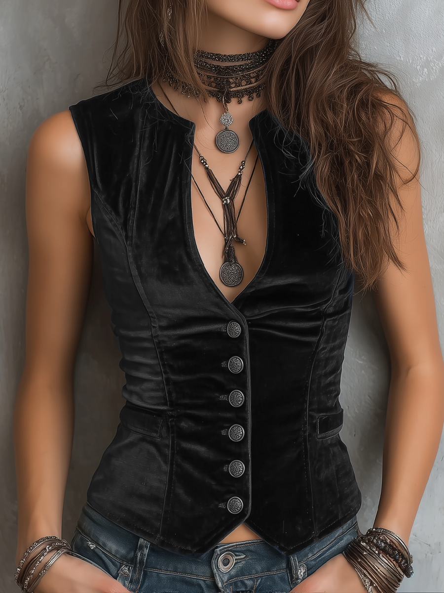 Vintage v-neck velvet sleeveless vest for women -1