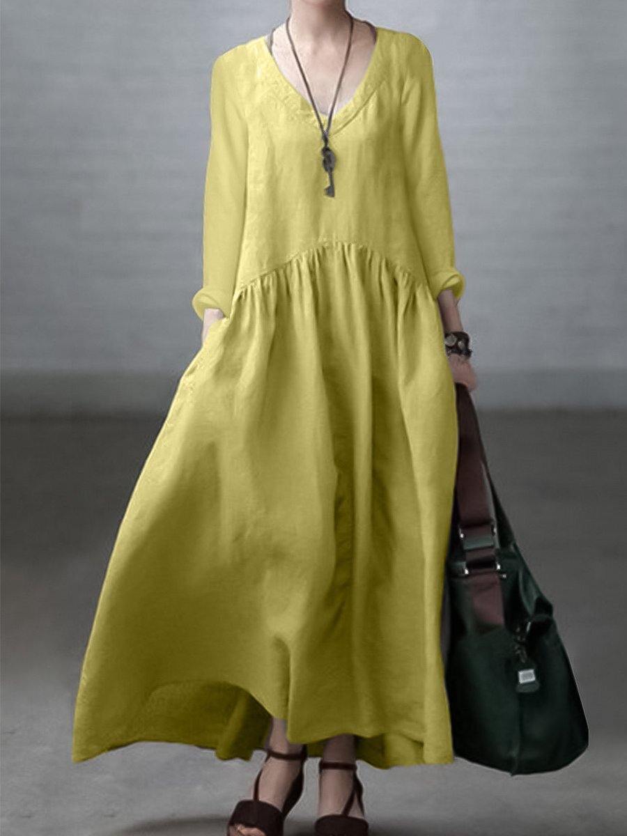 Relaxed v-neck linen casual dress for women -2