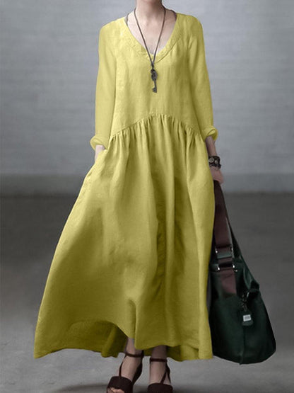 Relaxed v-neck linen casual dress for women -2
