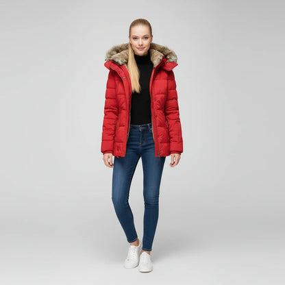 Hooded quilted puffer jacket with fitted silhouette design for women | Aurora
