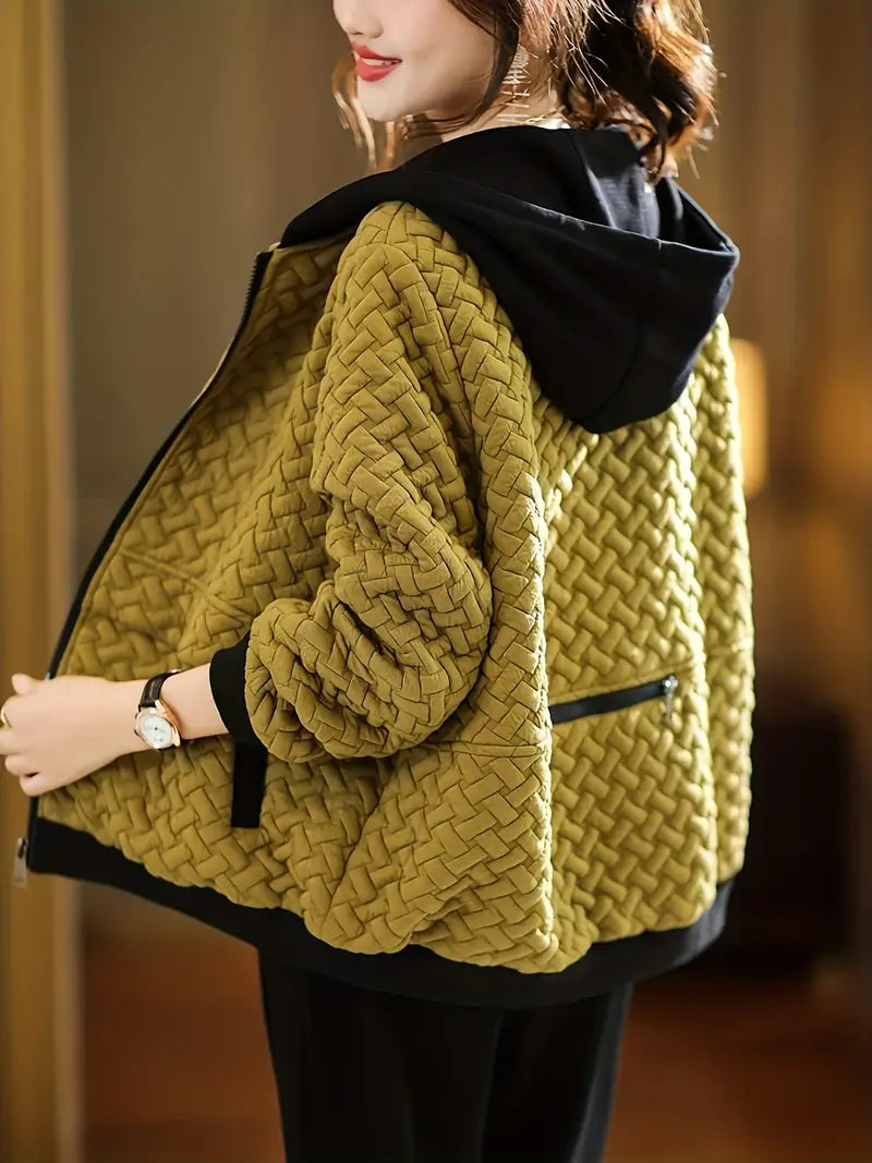 Quilted zip up hoodie with basketweave textured design for women | Mirelle