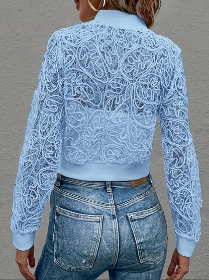 Cropped lace embroidered bomber jacket with ribbed trim for women | Elowen