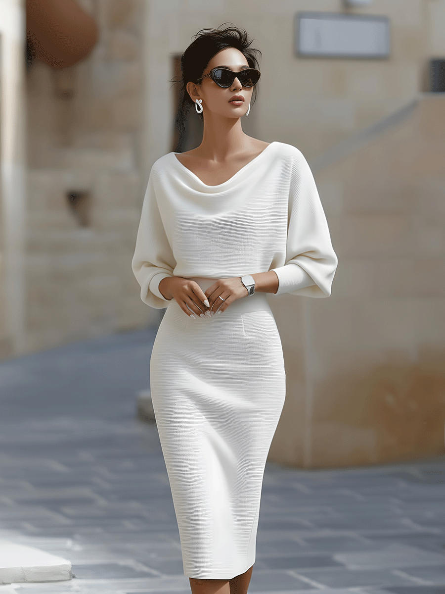 White Draped Batwing Midi Dress for women | Avelisse