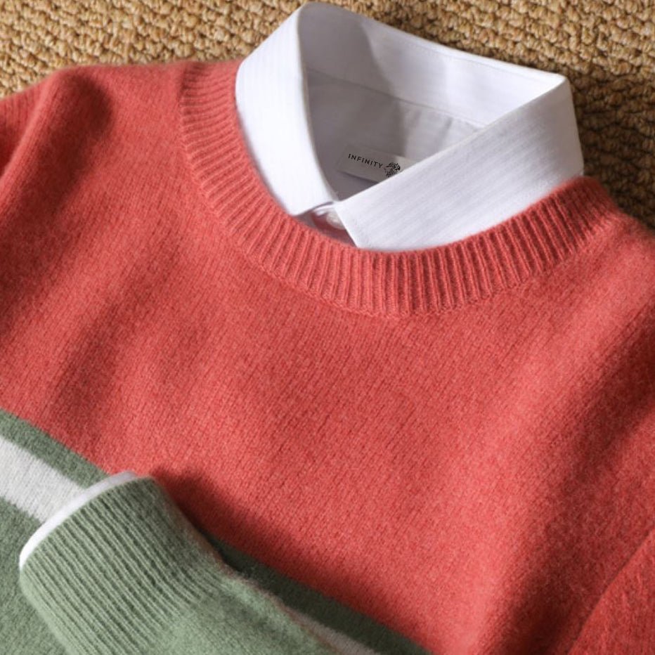 Formal O-neck knit sweater with stripe detail for men | Franco Bianchi