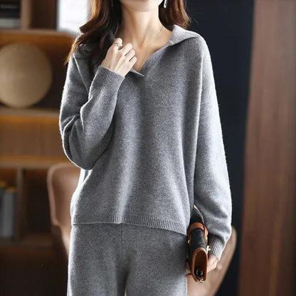Relaxed two piece lounge set with polished collar detail for women | Clairmont