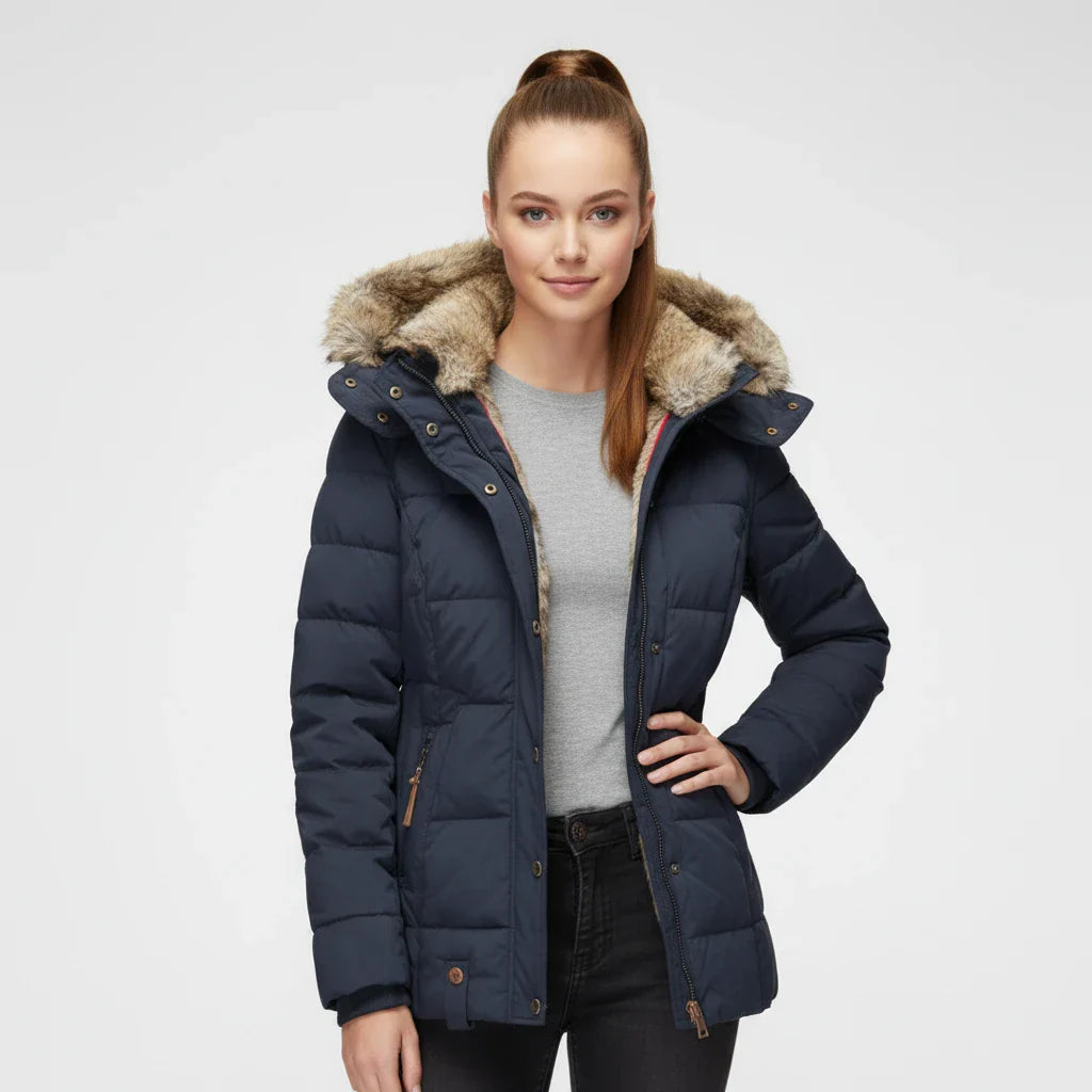 Hooded quilted puffer jacket with fitted silhouette design for women | Aurora