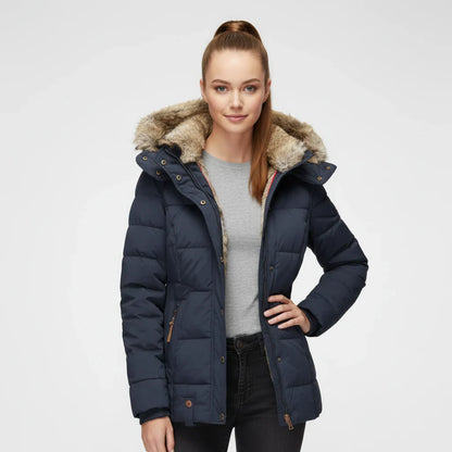 Hooded quilted puffer jacket with fitted silhouette design for women | Aurora