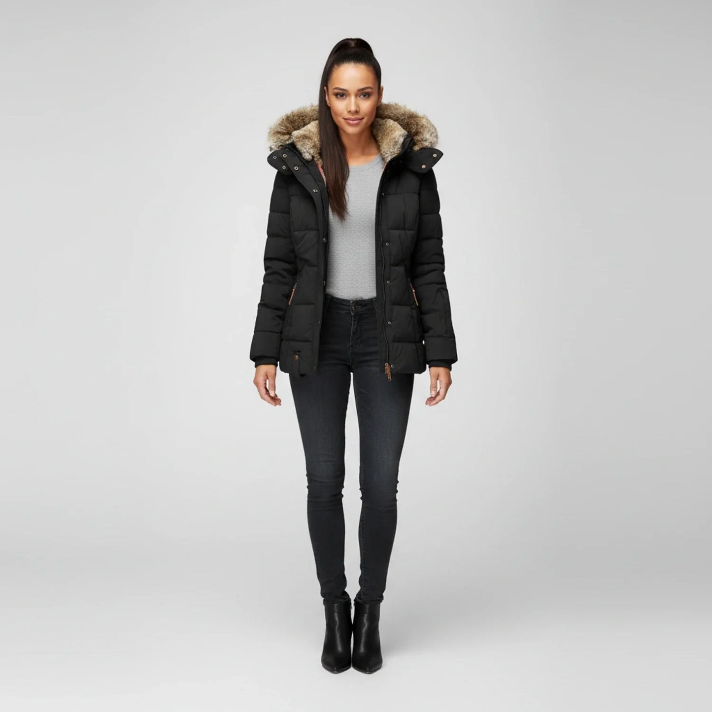 Hooded quilted puffer jacket with fitted silhouette design for women | Aurora