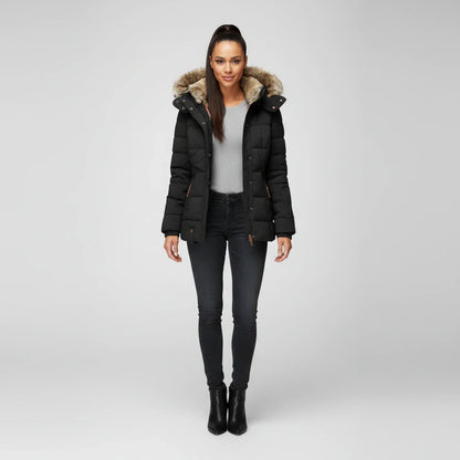 Hooded quilted puffer jacket with fitted silhouette design for women | Aurora