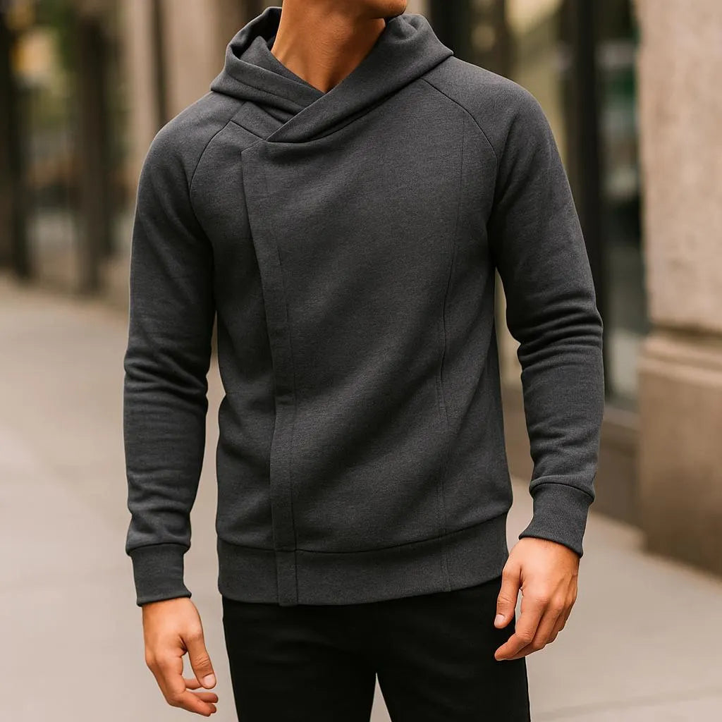 Asymmetric zip hoodie with sculpted crossover hood design for men | Crossover