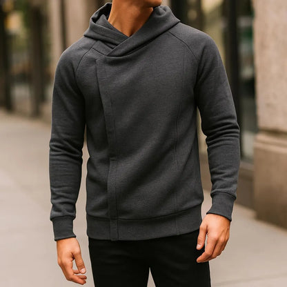 Asymmetric zip hoodie with sculpted crossover hood design for men | Crossover