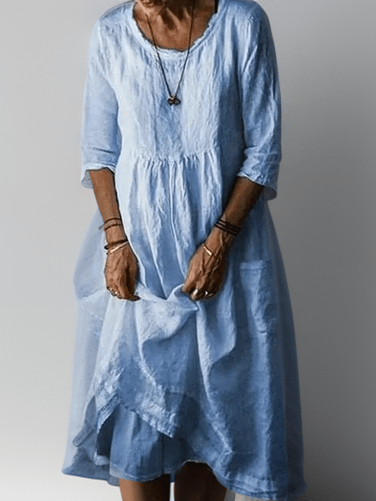 Relaxed midi dress with layered hem and three-quarter sleeves for women | Isolde