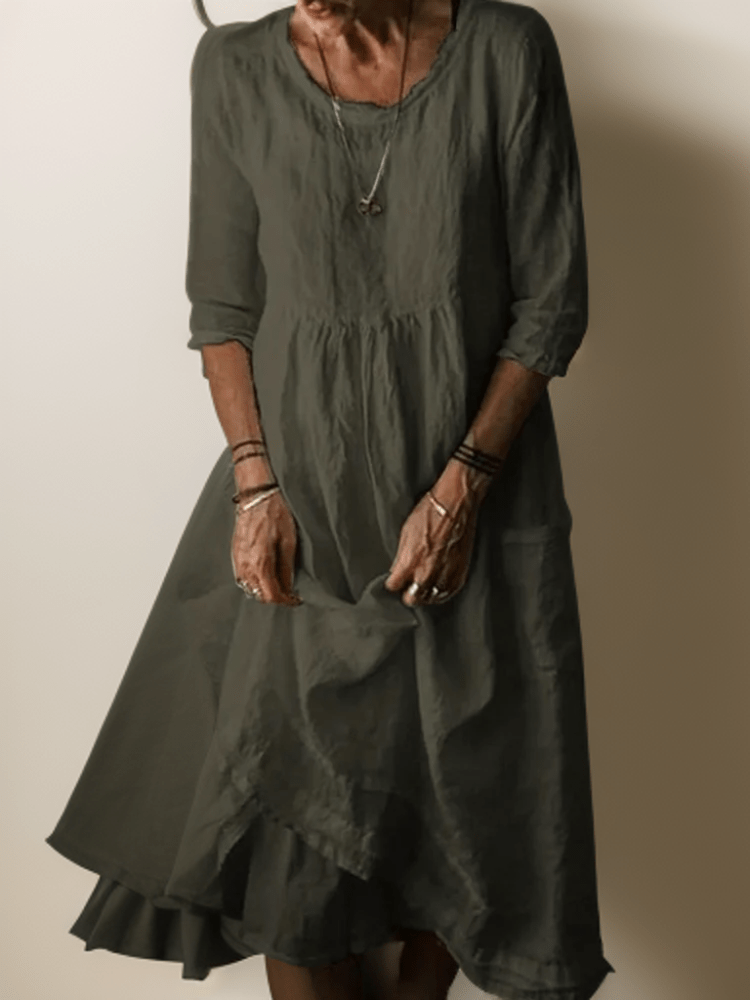 Relaxed midi dress with layered hem and three-quarter sleeves for women | Isolde