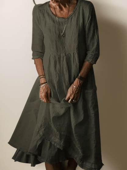 Relaxed midi dress with layered hem and three-quarter sleeves for women | Isolde