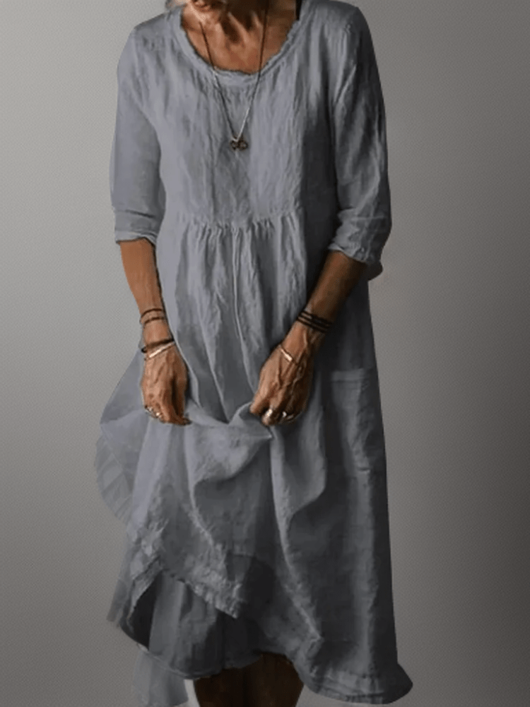 Relaxed midi dress with layered hem and three-quarter sleeves for women | Isolde