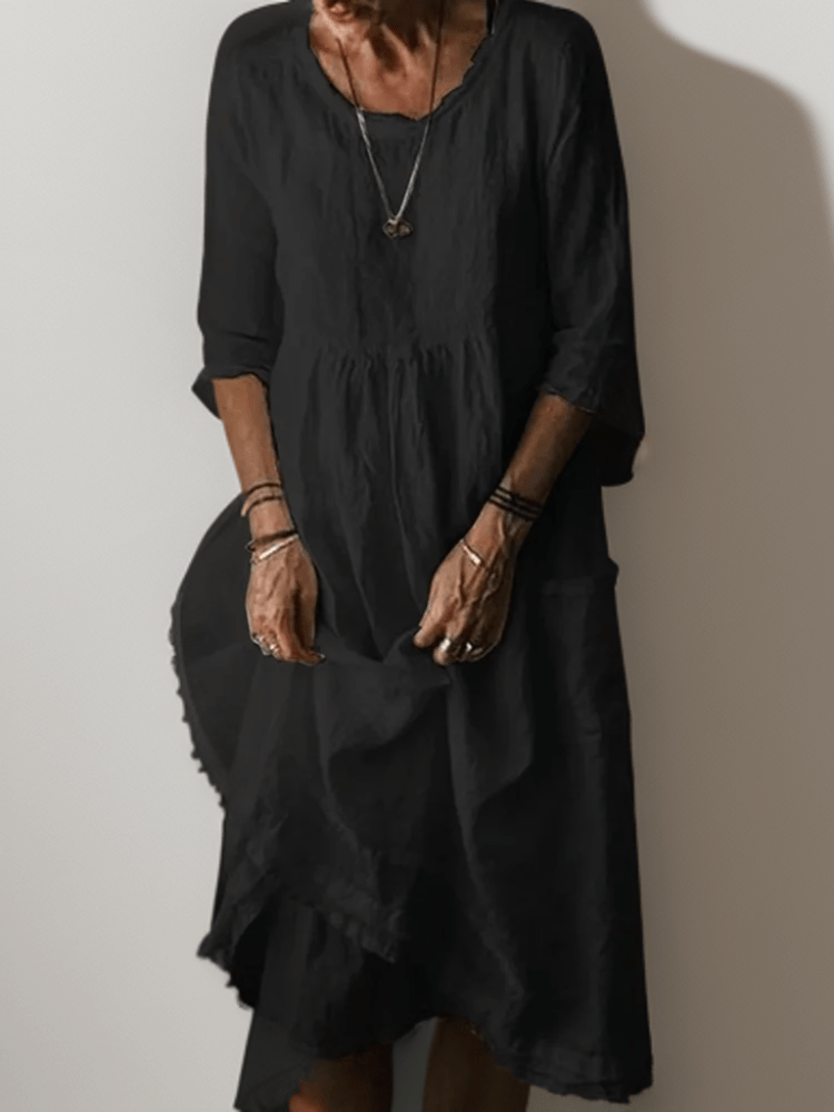 Relaxed midi dress with layered hem and three-quarter sleeves for women | Isolde