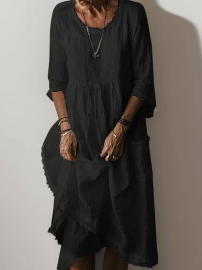 Relaxed midi dress with layered hem and three-quarter sleeves for women | Isolde