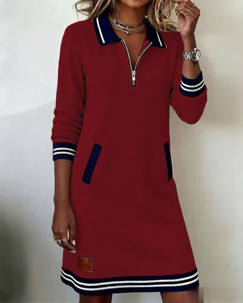 Chic long sleeve straight cut dress with lapel collar for women | Marielle
