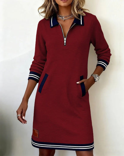 Chic long sleeve straight cut dress with lapel collar for women | Marielle