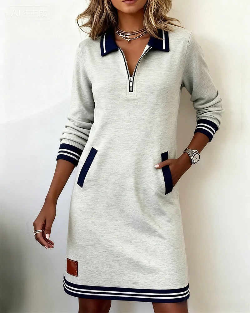 Chic long sleeve straight cut dress with lapel collar for women | Marielle