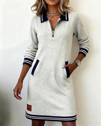 Chic long sleeve straight cut dress with lapel collar for women | Marielle