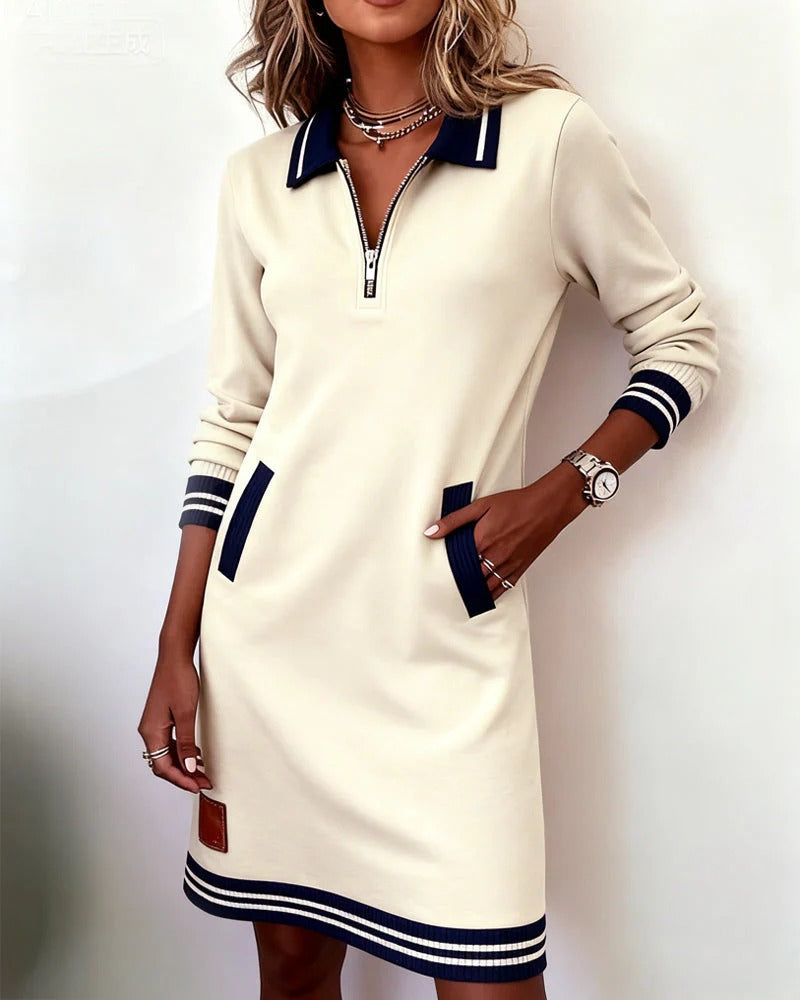 Chic long sleeve straight cut dress with lapel collar for women | Marielle