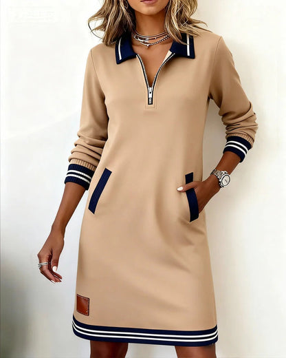 Chic long sleeve straight cut dress with lapel collar for women | Marielle