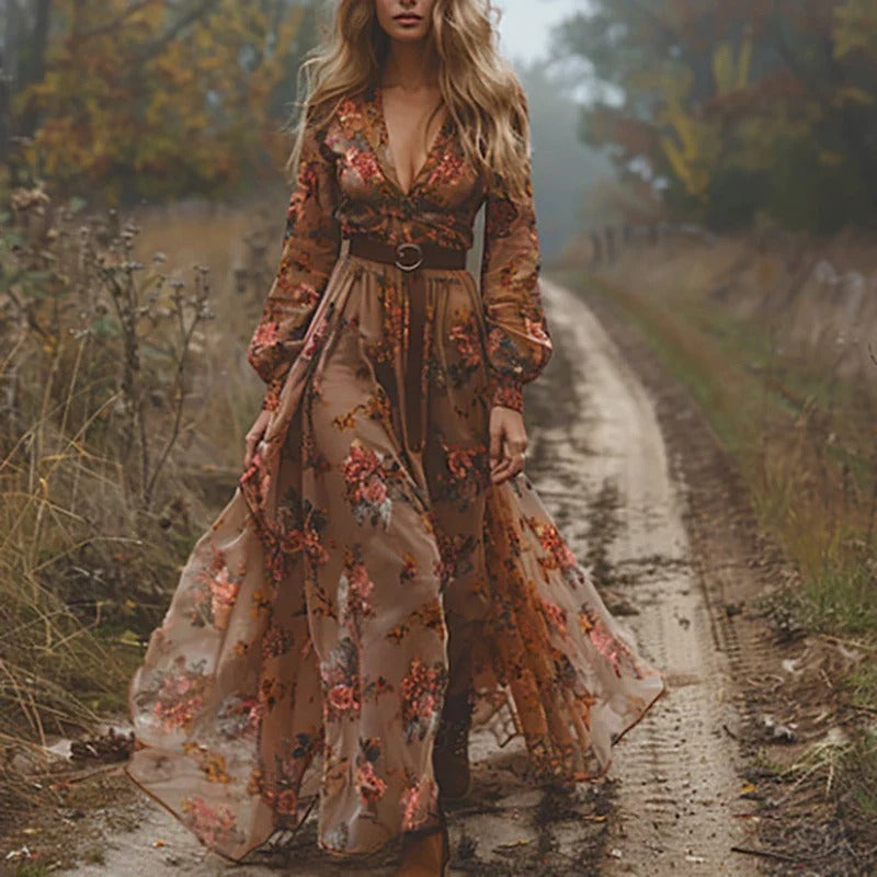 Bohemian embroidered maxi dress with tiered skirt for women | Calantha