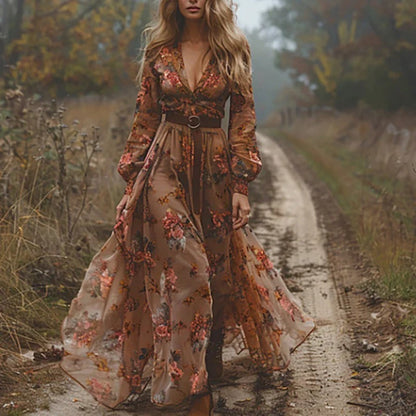 Bohemian embroidered maxi dress with tiered skirt for women | Calantha