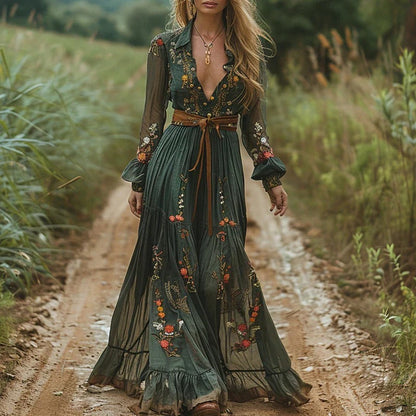 Bohemian embroidered maxi dress with tiered skirt for women | Calantha