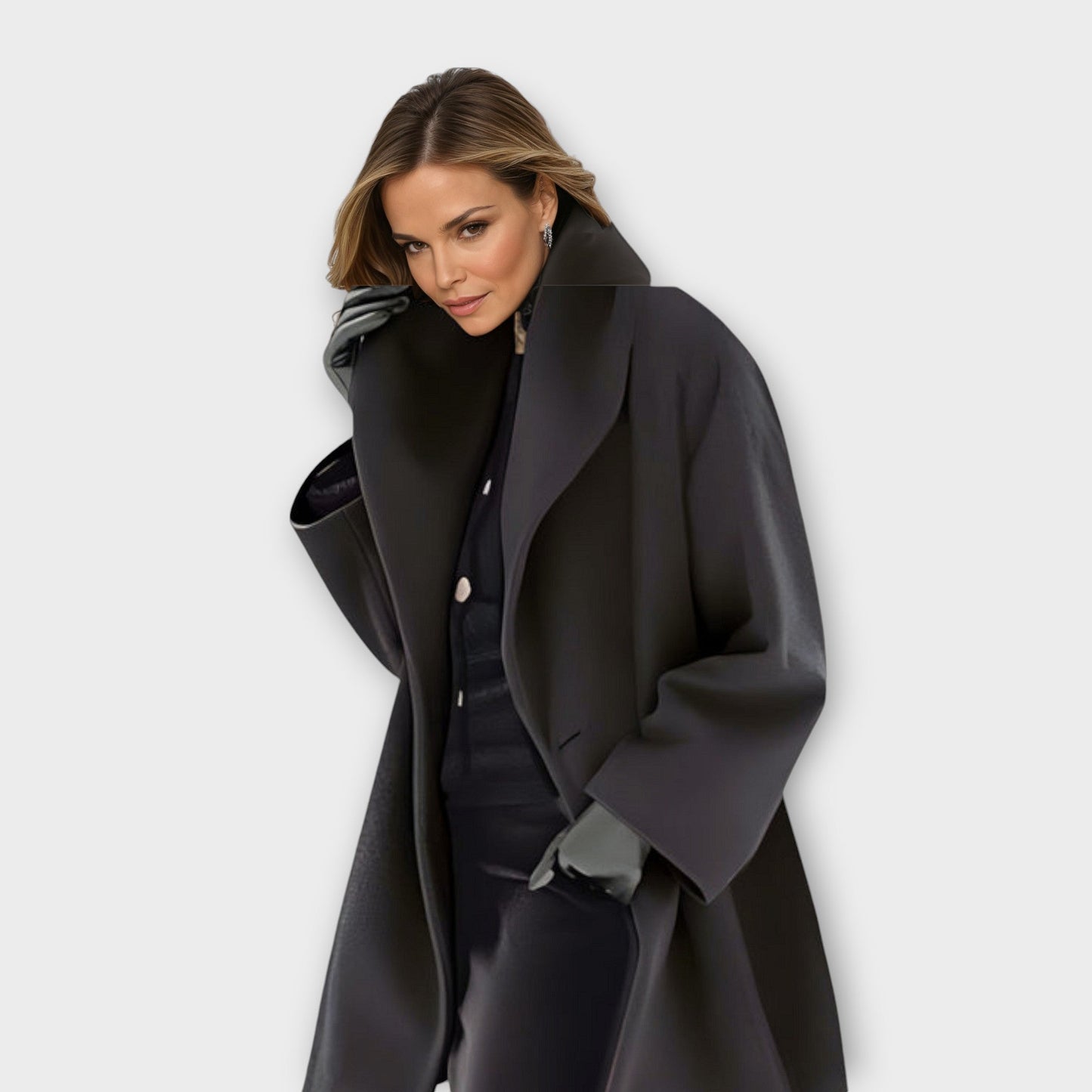 Elegant long wool coat with rounded collar for women | Avery