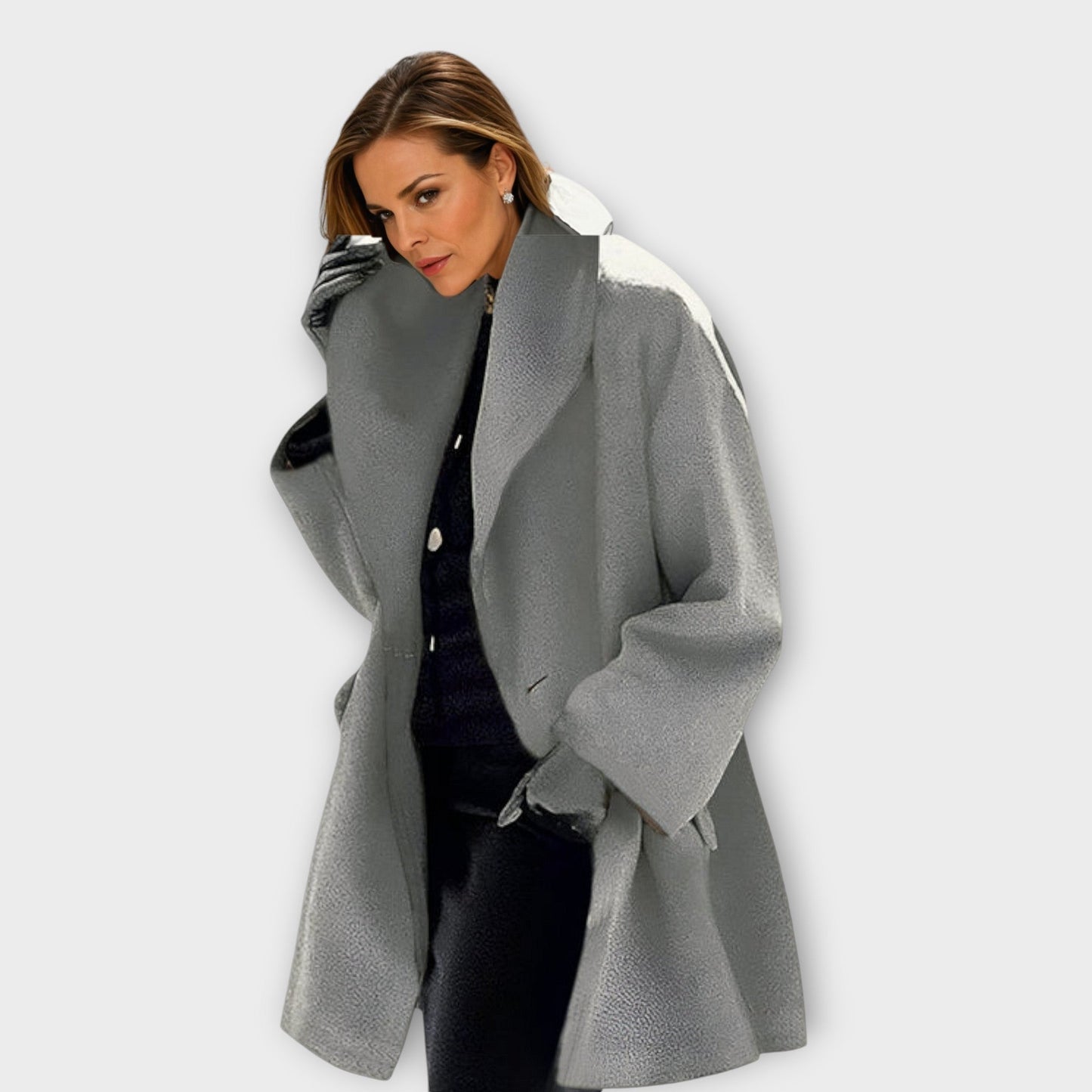 Elegant long wool coat with rounded collar for women | Avery
