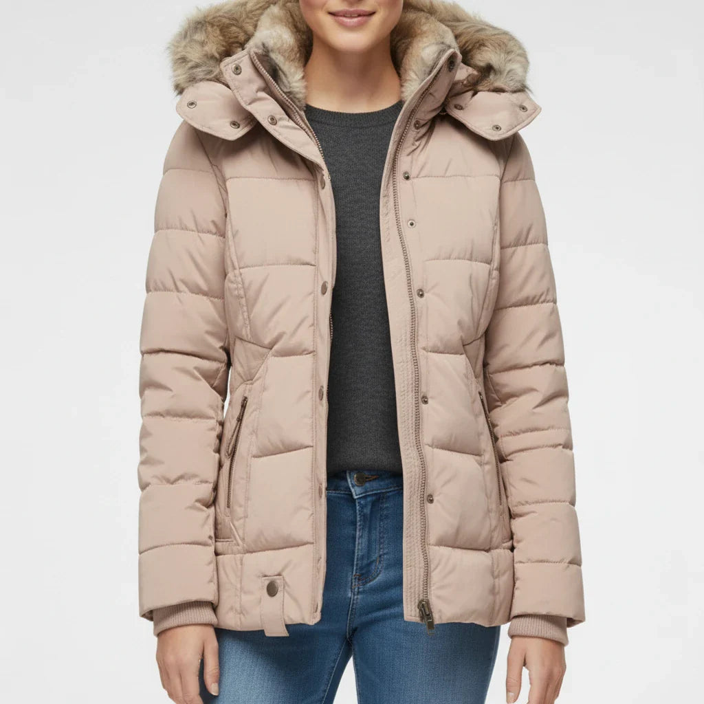 Hooded quilted puffer jacket with fitted silhouette design for women | Aurora