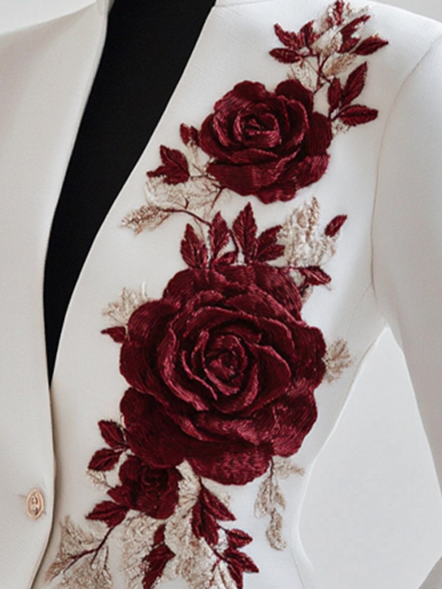 White Blazer with Rose Embroidery for women | Rosavelle