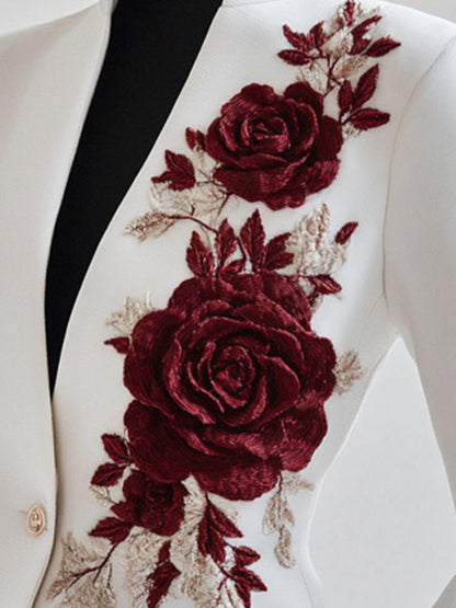 White Blazer with Rose Embroidery for women | Rosavelle