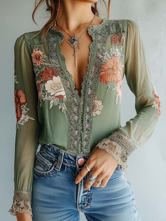 Bohemian floral printed lace blouse for women -1