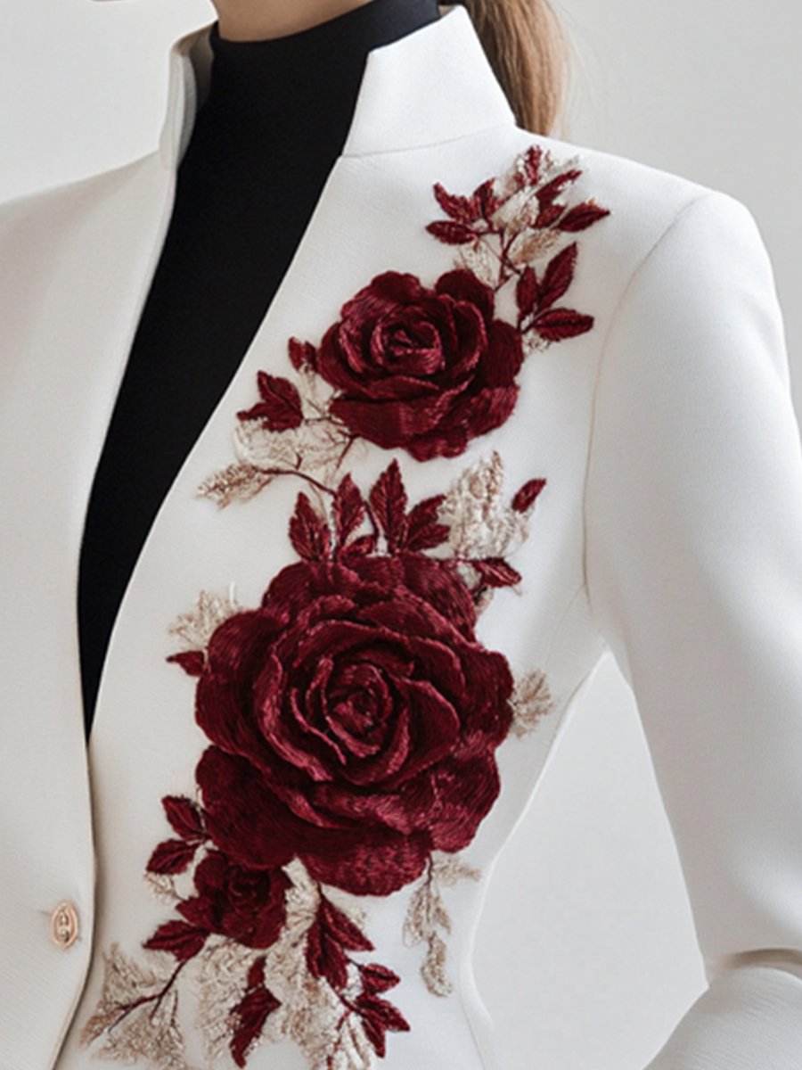 White Blazer with Rose Embroidery for women | Rosavelle