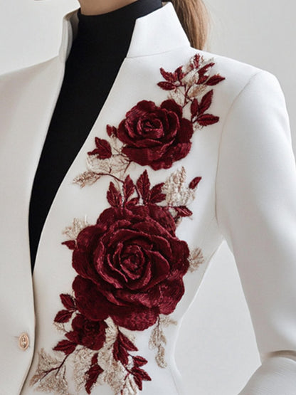 White Blazer with Rose Embroidery for women | Rosavelle
