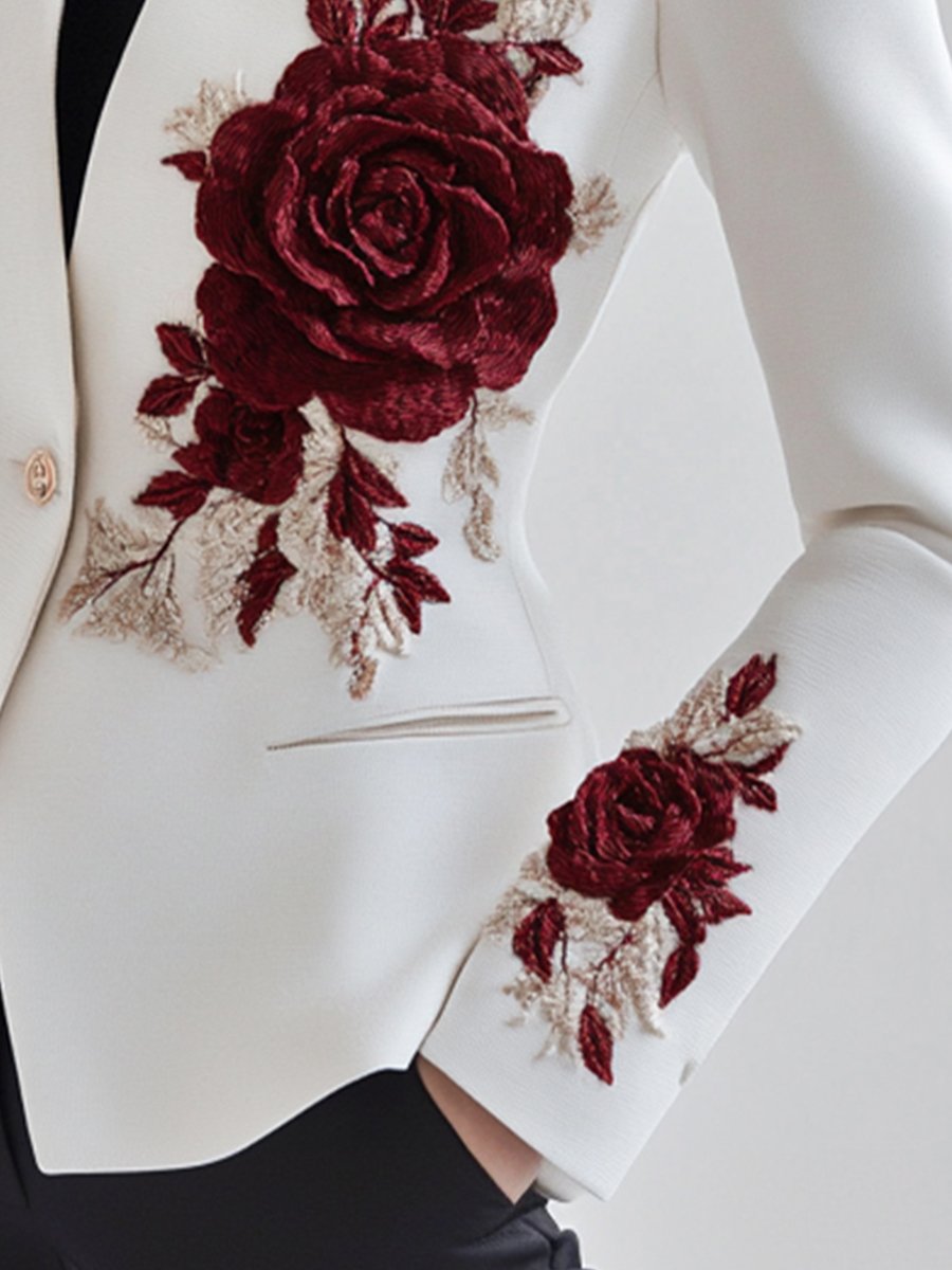 White Blazer with Rose Embroidery for women | Rosavelle